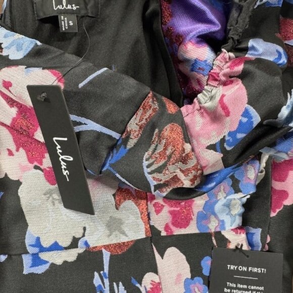 NWT Lulus So Stunning Black Multi Floral Jacquard Puff Sleeve Mini Dress - Picture 6 of 8